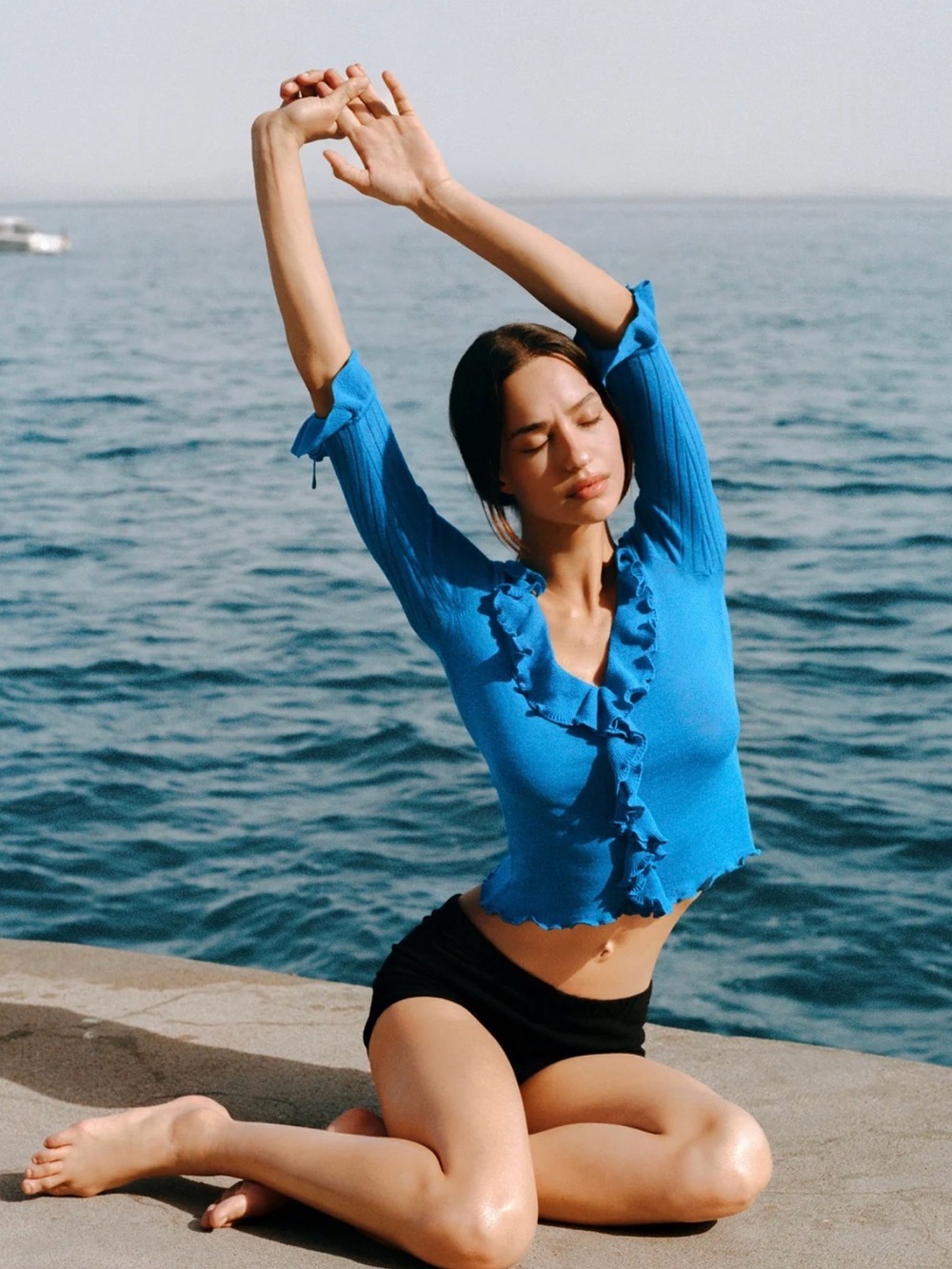 With Jean Bright Blue Ruffle V-Neck Tie-Front Top